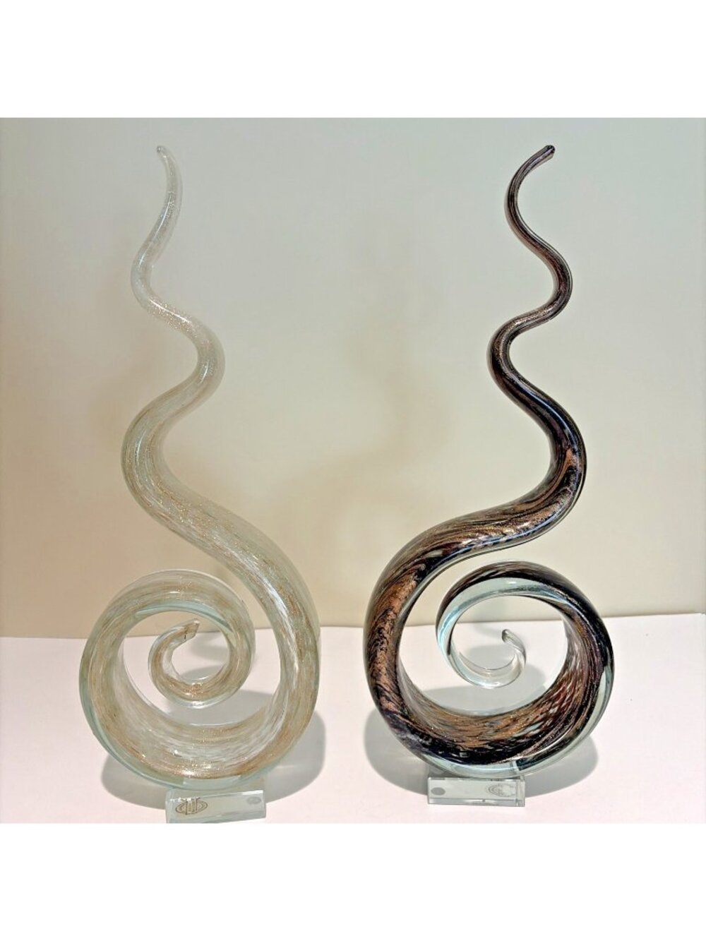Vintage Murano Style Art Glass Ribbon Swirl Sculptures Metallic Handmade 16”